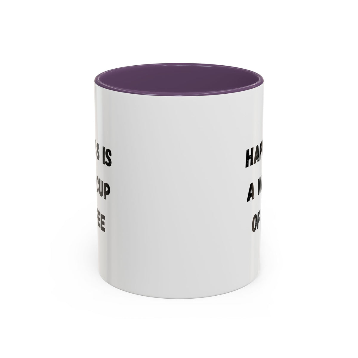 Ceramic coffee mug with the quote “Happiness Is A Warm Cup Of Coffee” printed on white background, designed by Printify.