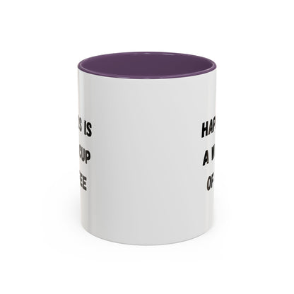 Ceramic coffee mug with the quote “Happiness Is A Warm Cup Of Coffee” printed on white background, designed by Printify.
