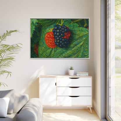 Blackberry still life framed canvas print by Printify featuring a realistic image of ripe blackberries in a natural setting.
