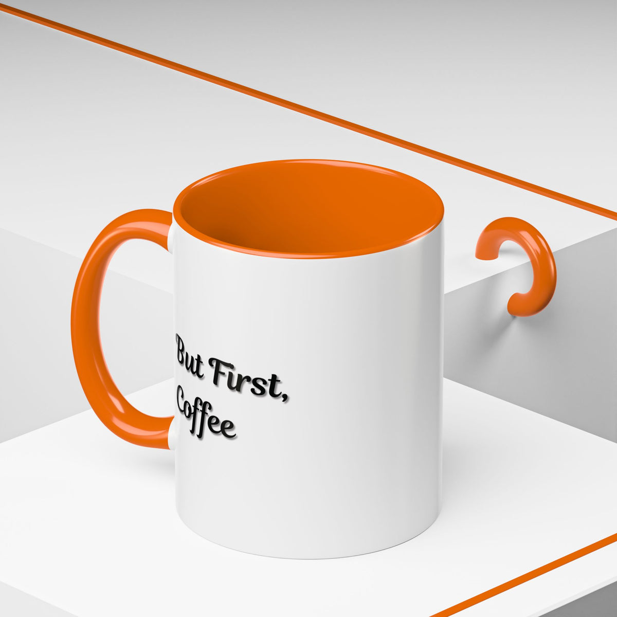 Black handle and rim coffee mug featuring "But First Coffee" print, 11oz or 15oz capacity, by Printify.