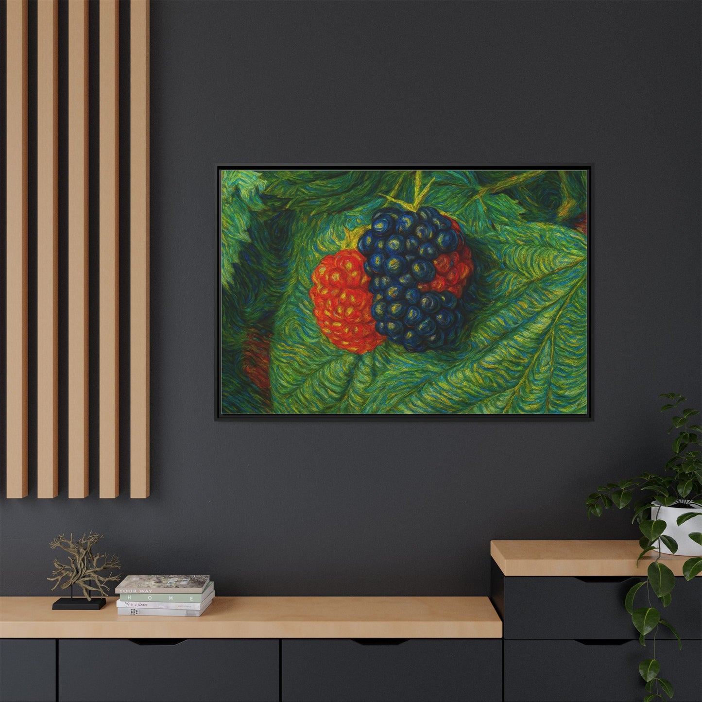 Blackberry still life framed canvas print by Printify, featuring realistic blackberries on a canvas wall art piece.