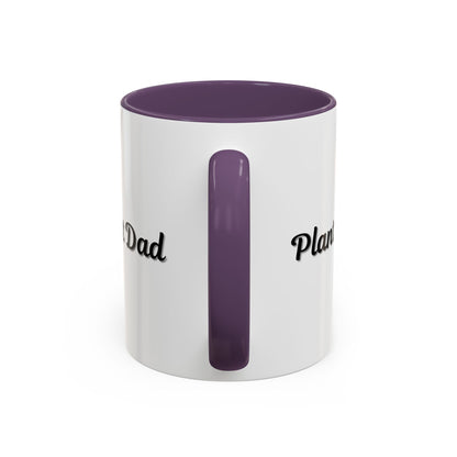 Black-handle Plant Dad coffee mug with plant-themed design, available in 11oz and 15oz sizes, ideal for plant lovers.