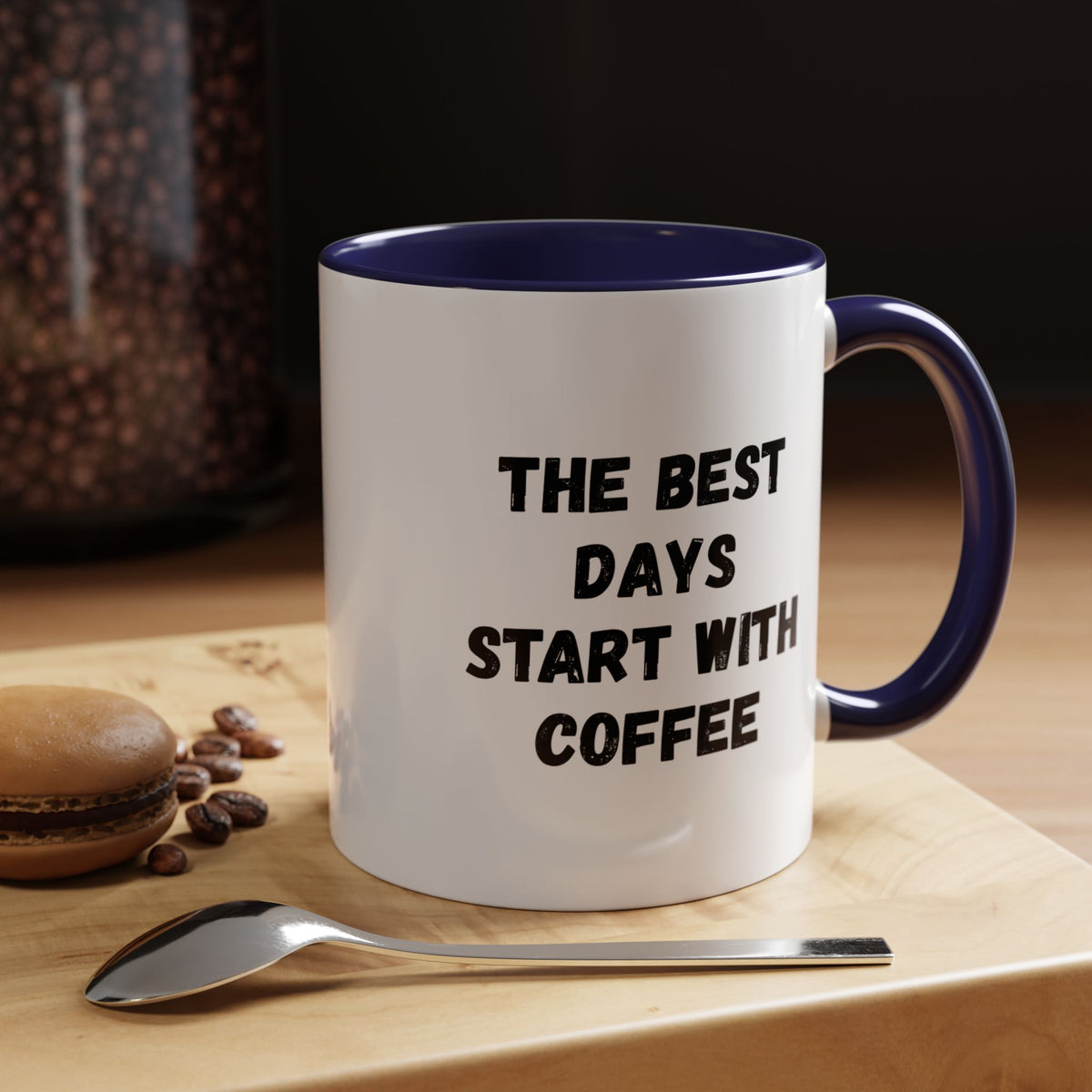 Ceramic coffee mug with the phrase "The Best Days Start With Coffee" in black lettering on a white background, 11oz size.