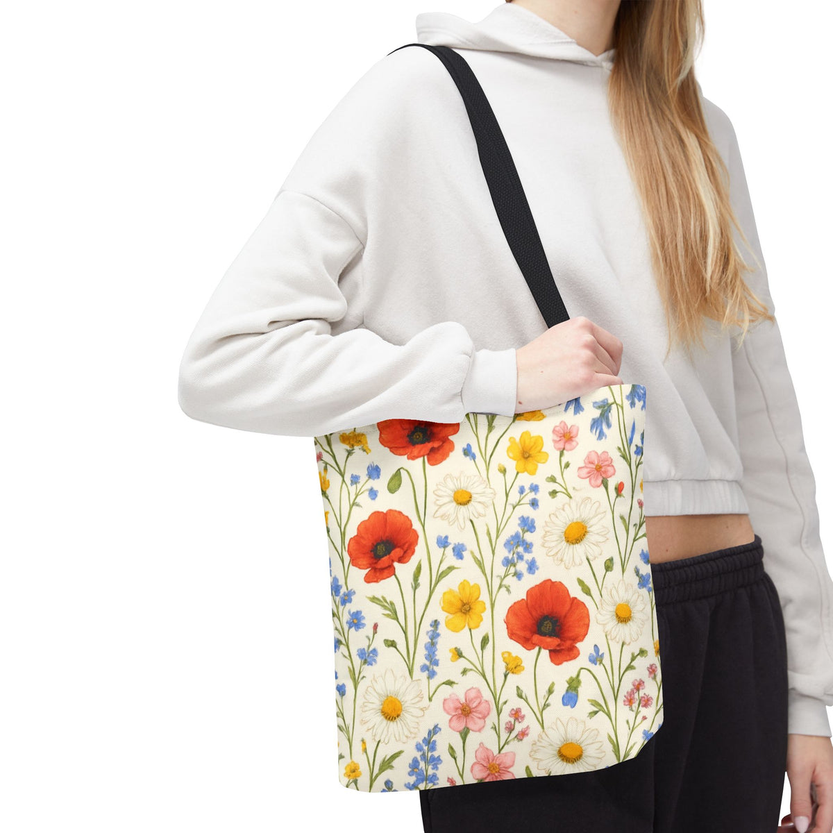 Wildflower Poppy Print Tote Bag by Printify featuring a floral all-over pattern, shown with vibrant poppy flowers on durable fabric.