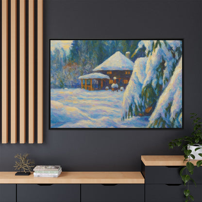 Framed matte canvas wall art of a snowy cabin winter landscape, featuring a cozy cabin amidst snow-covered trees.
