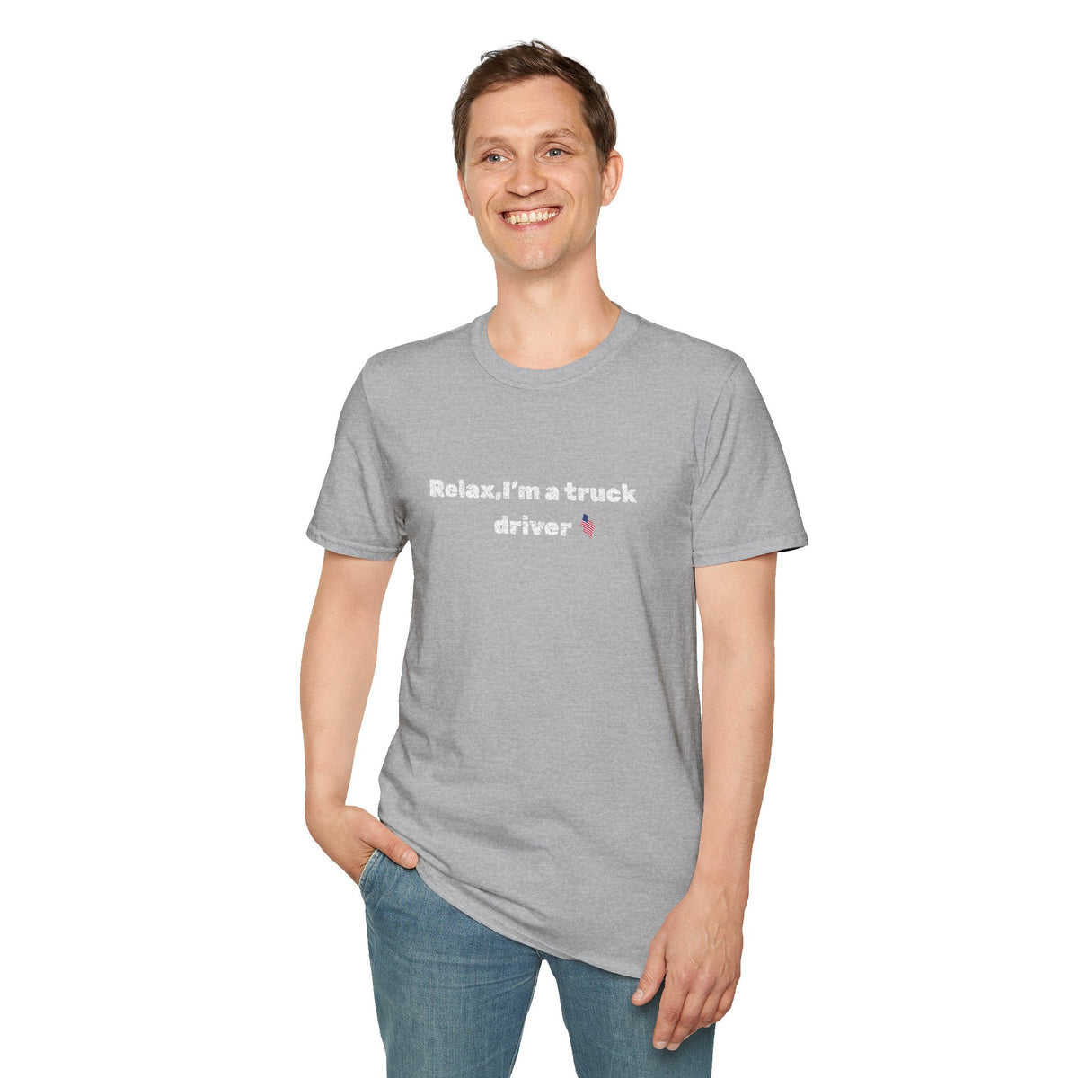 Funny truck driver T-shirt with pink heart print, featuring the phrase "Relax, I'm a Truck Driver" on a casual unisex tee.