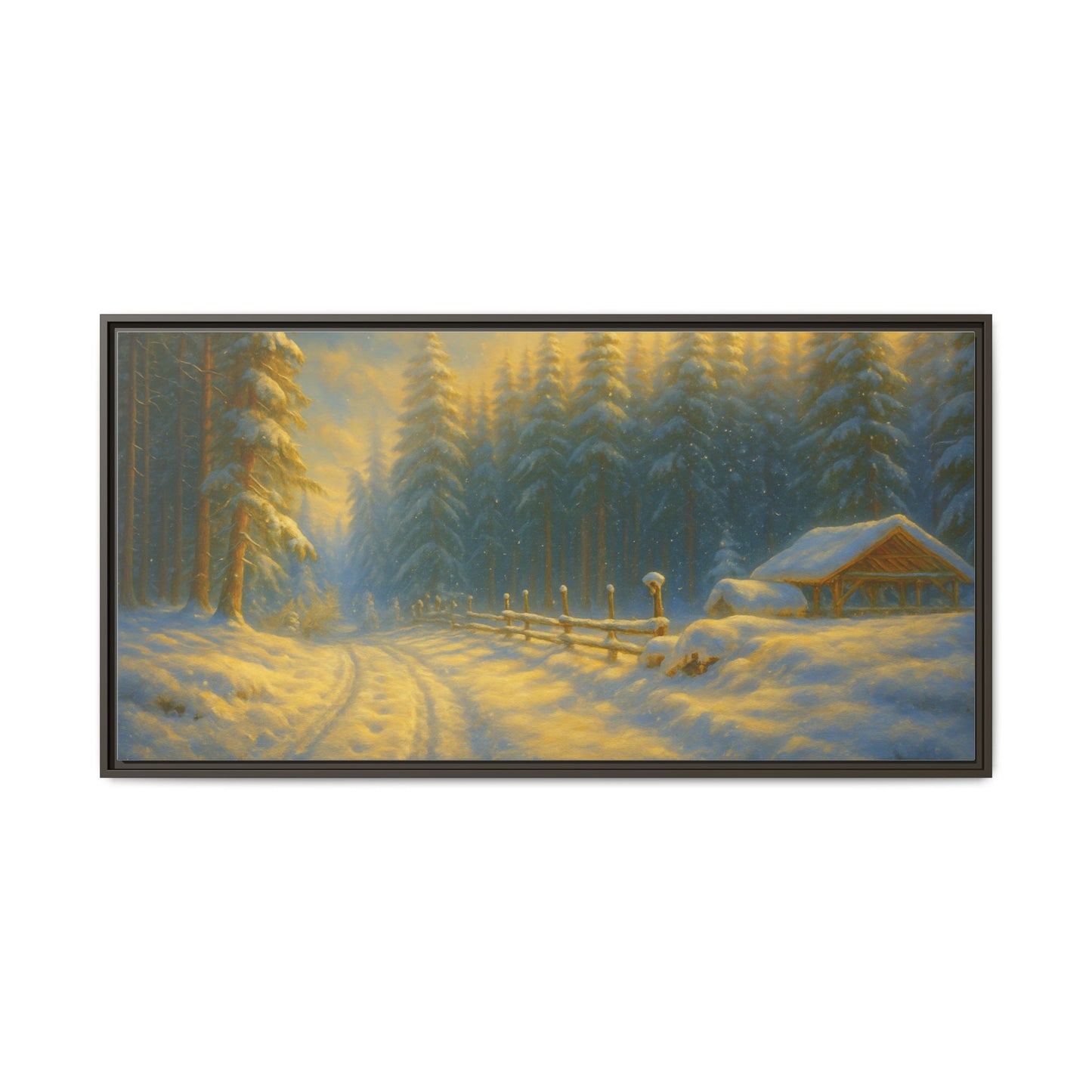 Framed winter cabin canvas print featuring a snowy forest sunset, wall art by Printify showcasing cozy mountain scenery.