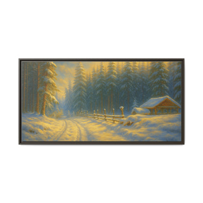 Framed winter cabin canvas print featuring a snowy forest sunset, wall art by Printify showcasing cozy mountain scenery.
