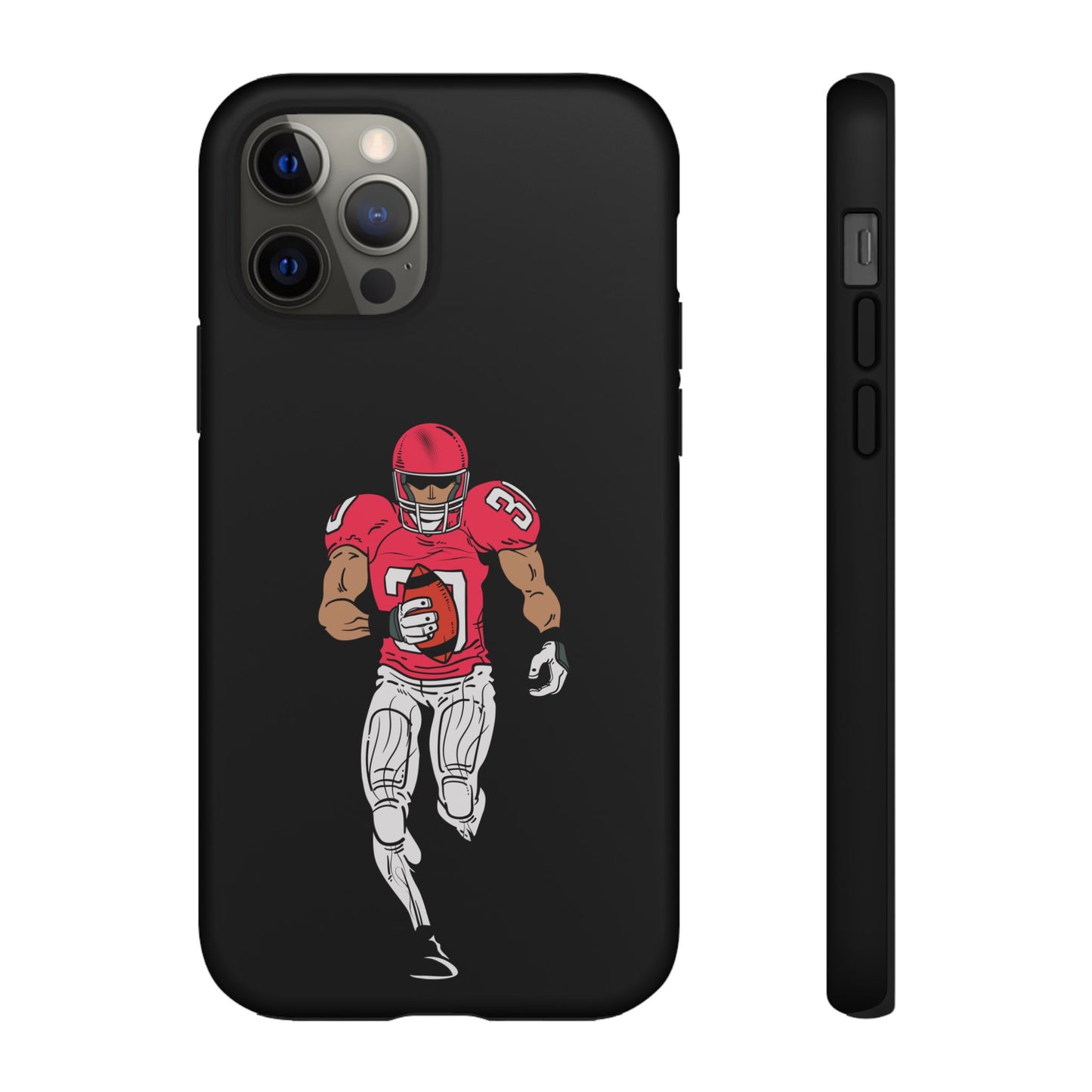 Black football player tough phone case for iPhone, durable protective sports-themed case with athlete graphic.