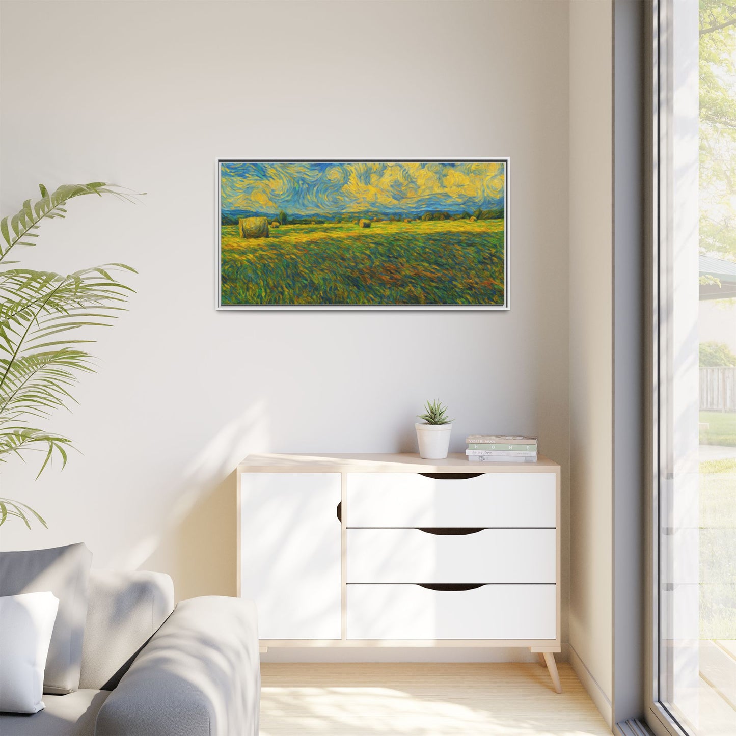 Framed landscape matte canvas print with vibrant multi-color design, showcasing a scenic artwork by Printify.