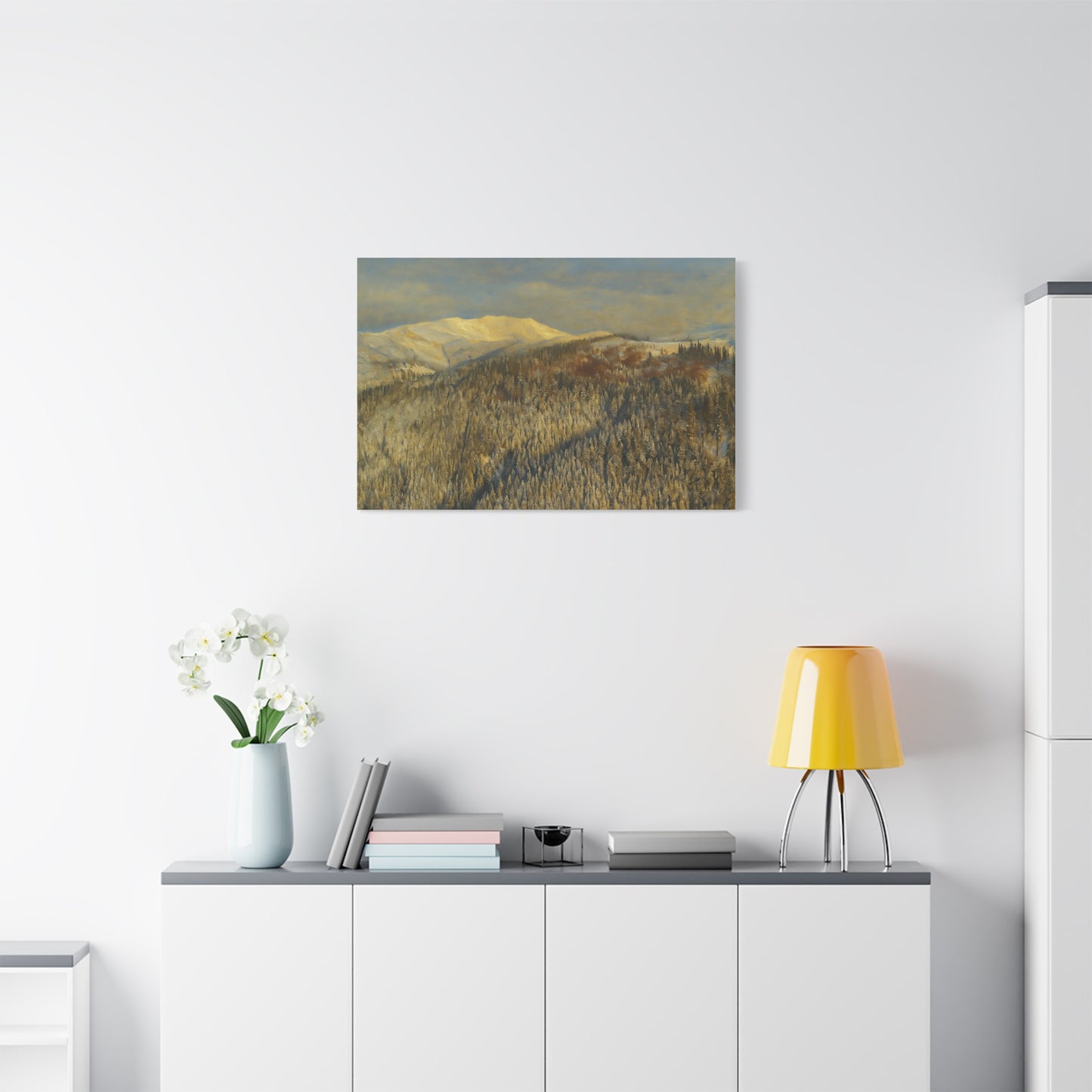 Winter mountain landscape matte canvas print by Printify, stretched 1.25 inches, featuring a scenic mountain scene with snow and trees.