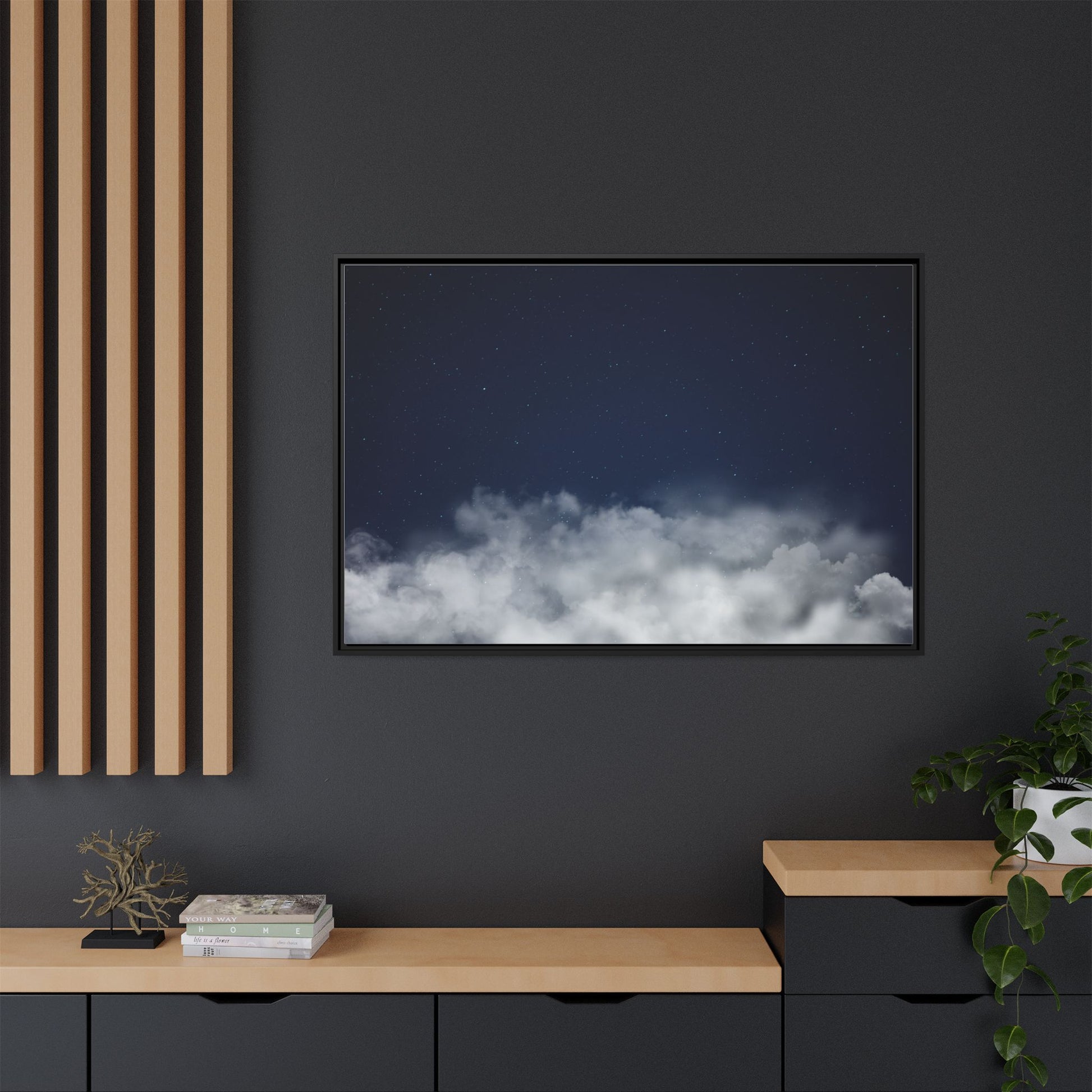 Framed night sky clouds canvas art with starry design by Printify, showcasing a serene celestial scene with a matte finish.