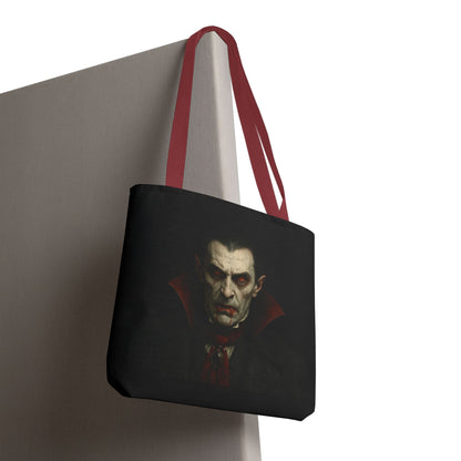 Black vampire tote bag with spooky gothic Halloween design, featuring vampire motifs and a sturdy fabric handle.