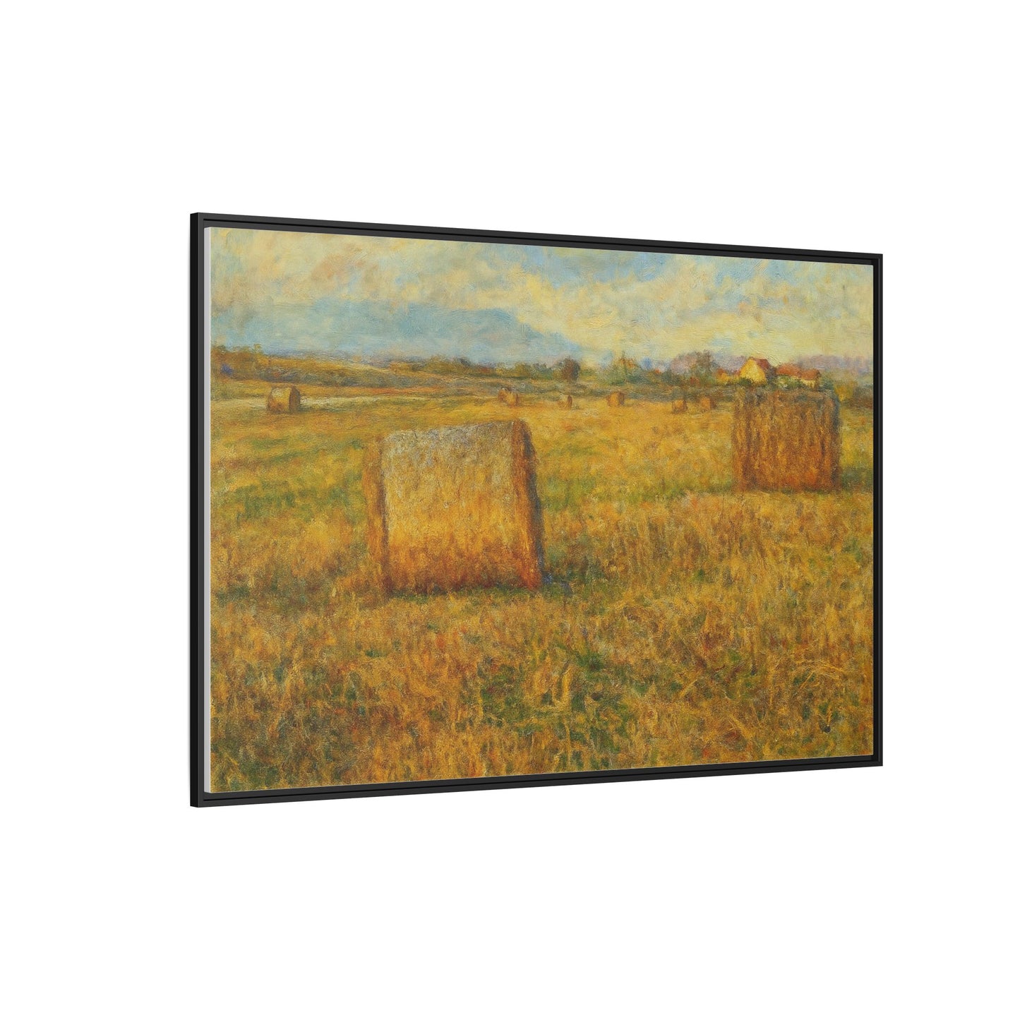 Framed matte canvas wall art featuring a rustic hayfield landscape print by Printify