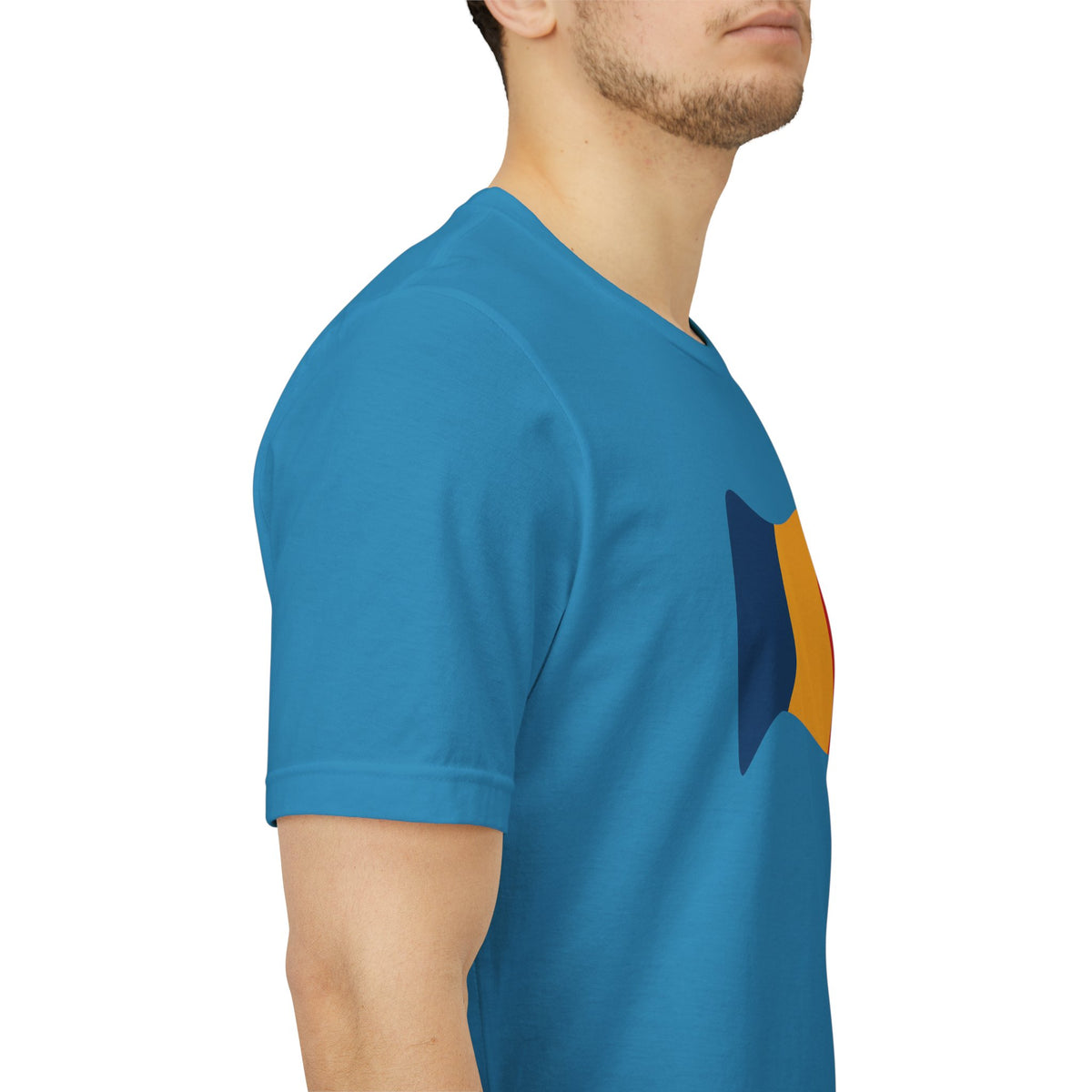Romania flag T-shirt from Printify featuring a minimal waving tricolor design, made of soft fabric and comfortable fit.