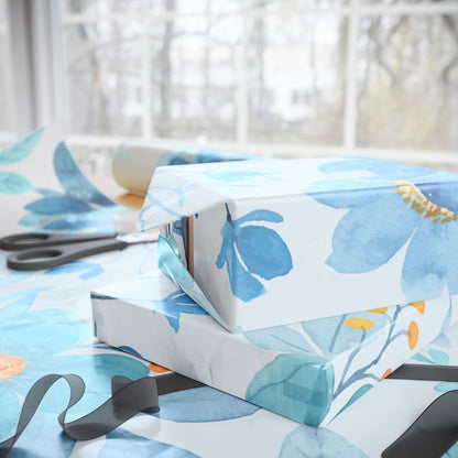 Blue Floral Wrapping Paper Roll — Watercolor Bouquet Gift Wrap