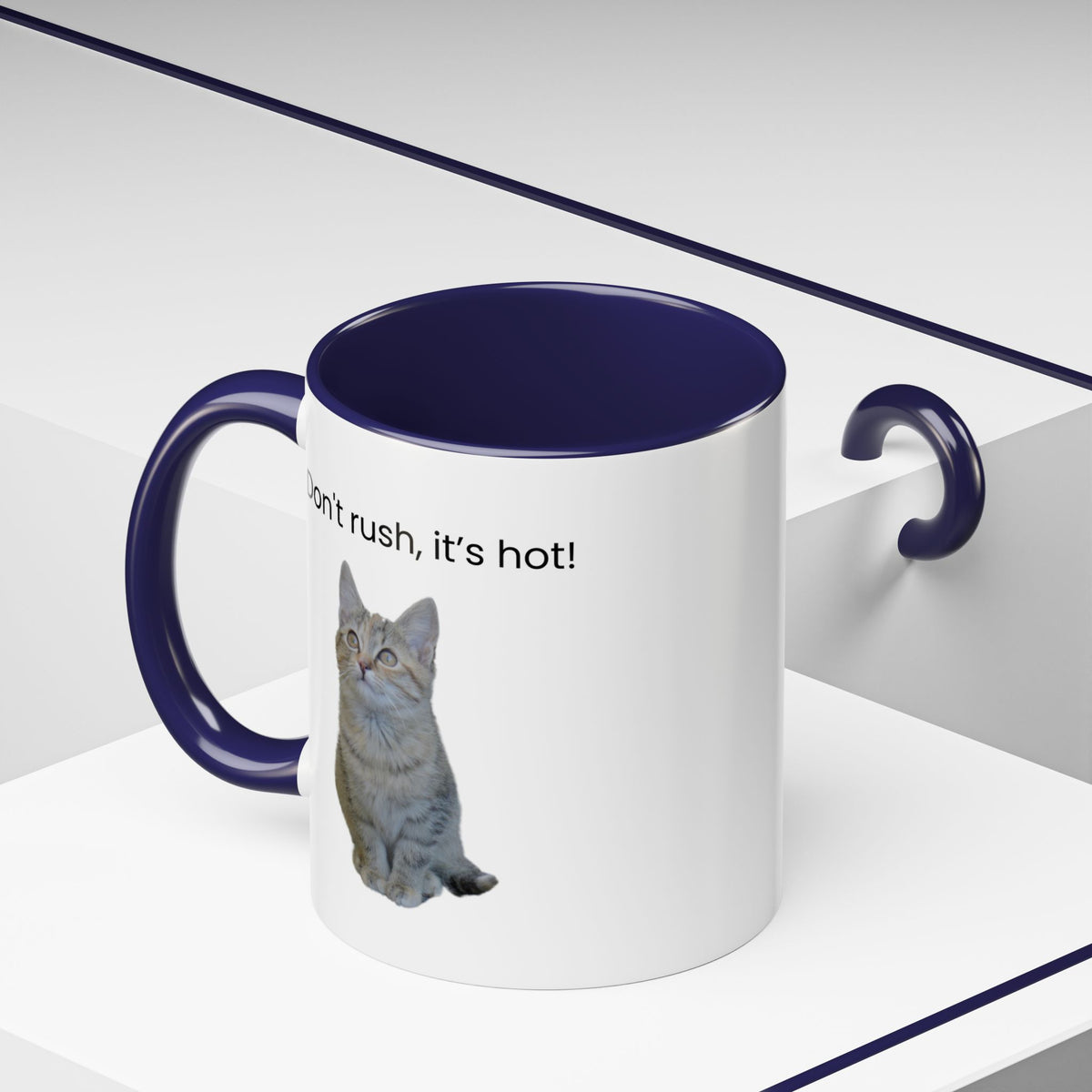Ceramic cat coffee mug with "Don't rush, it's hot!" slogan, 11 oz, in white with black text, suitable for hot beverages.