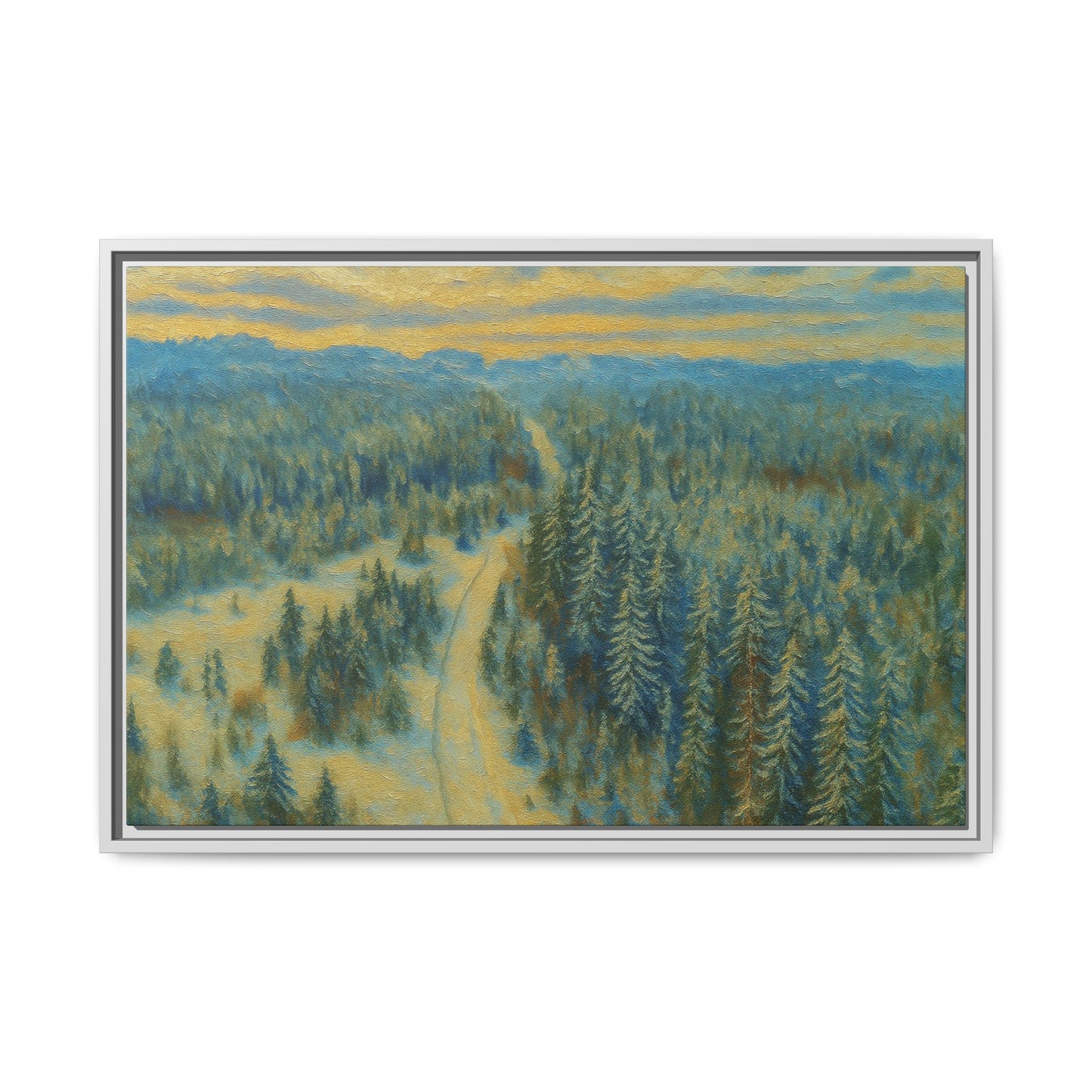 Framed matte canvas print of a serene winter forest landscape by Printify, showcasing snow-covered trees and peaceful scenery.