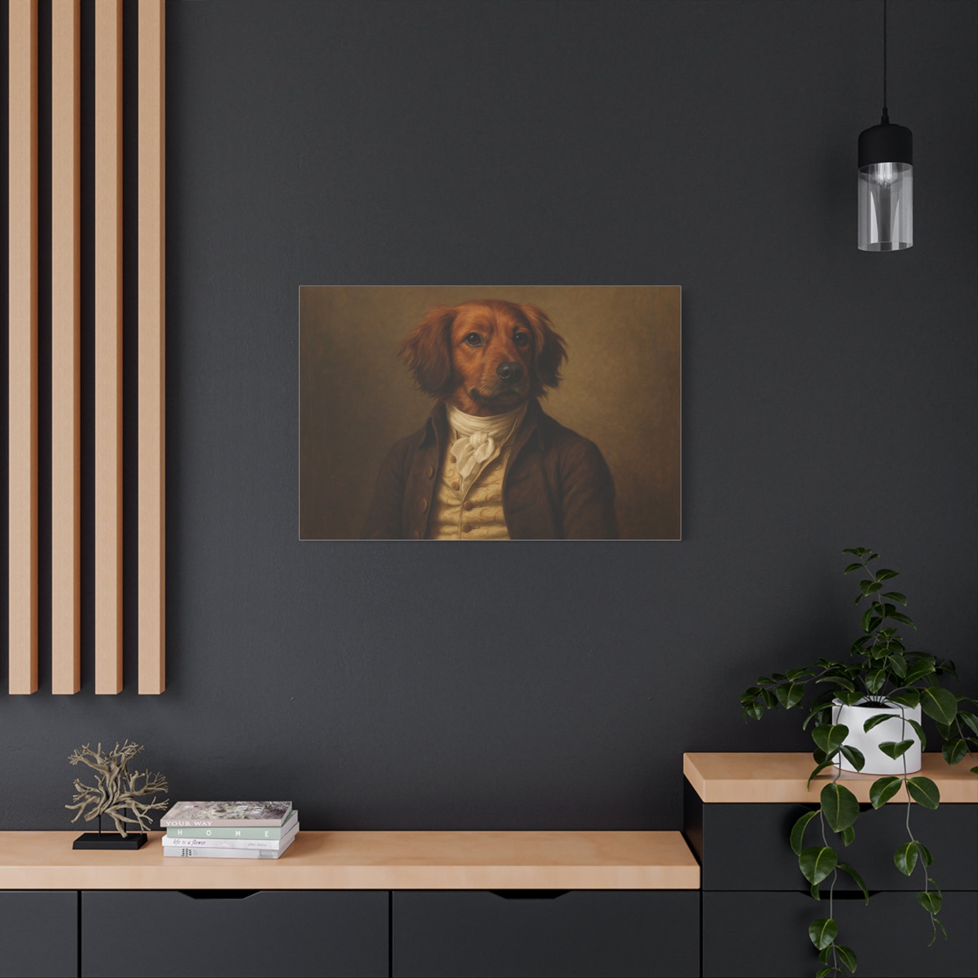 Regal dog portrait on matte canvas print by Printify, featuring a detailed image of a dog in a classic frame.