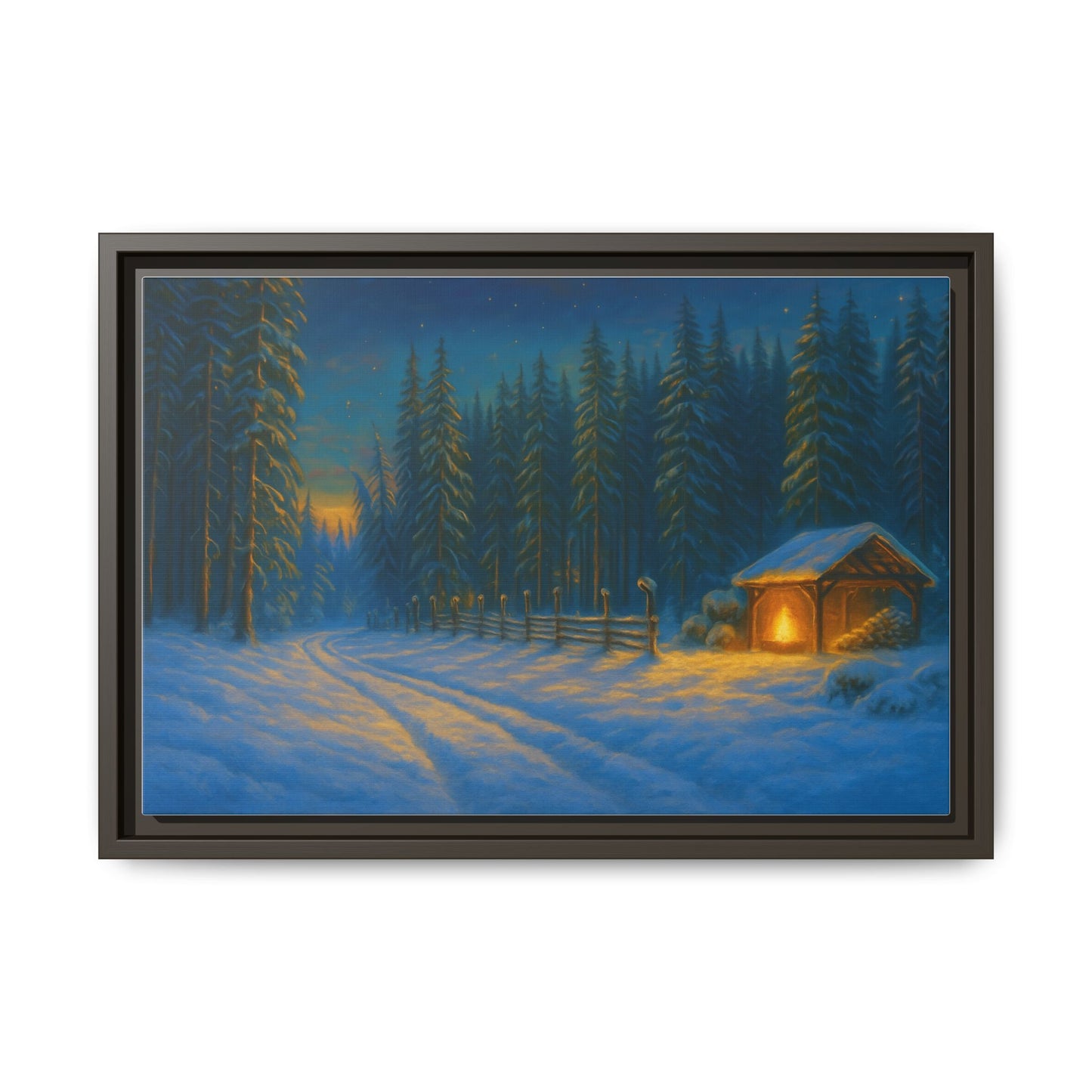 Matte framed canvas wall art of a cozy winter cabin in a snowy forest during evening, by Printify.