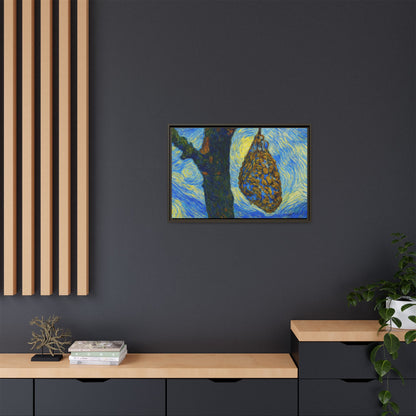 Framed matte canvas art of a starry nut cluster with dried plum in a tree, printed by Printify, showcasing detailed botanical artwork.