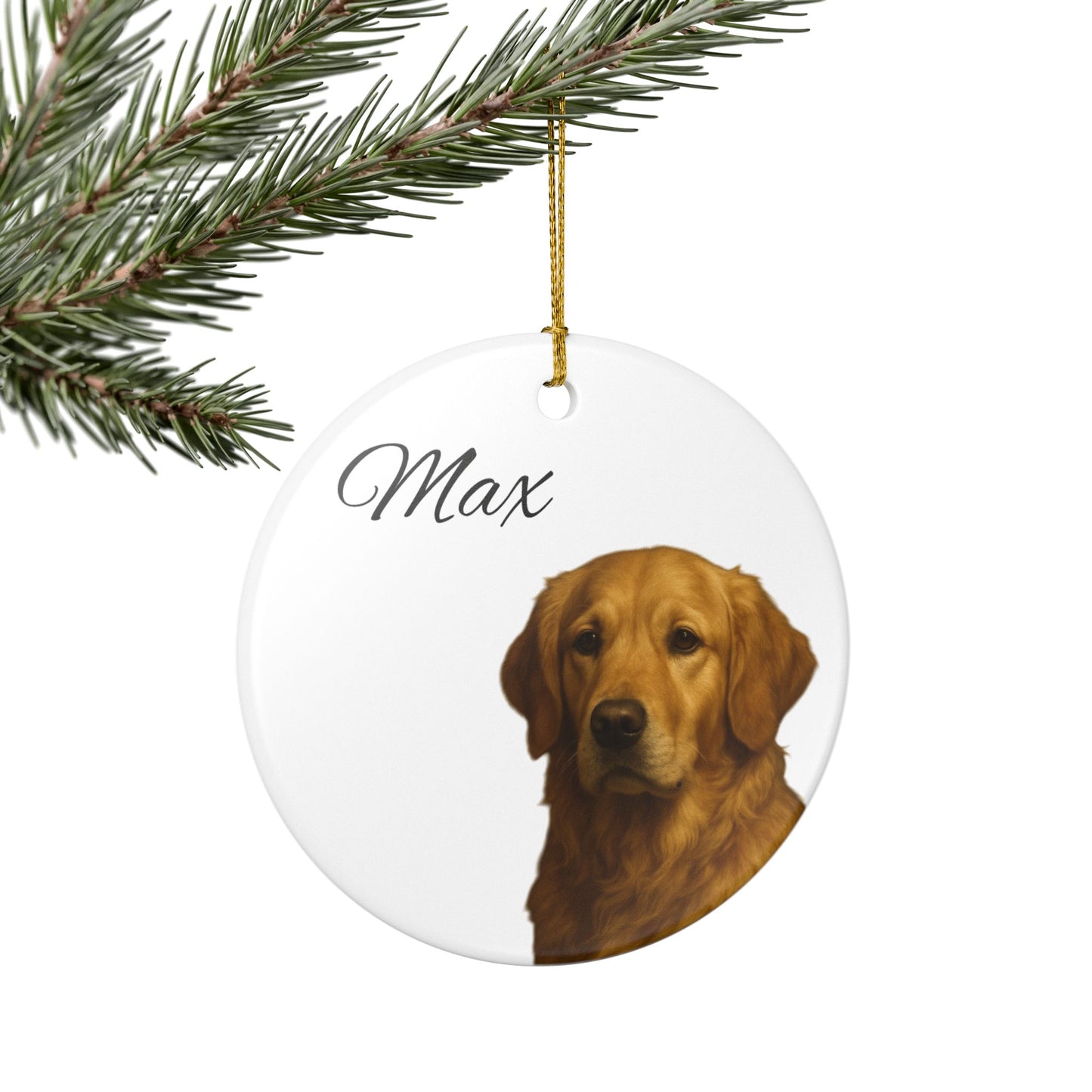 Personalized golden retriever ceramic ornament with custom name for pet memorial decoration, featuring detailed dog design.