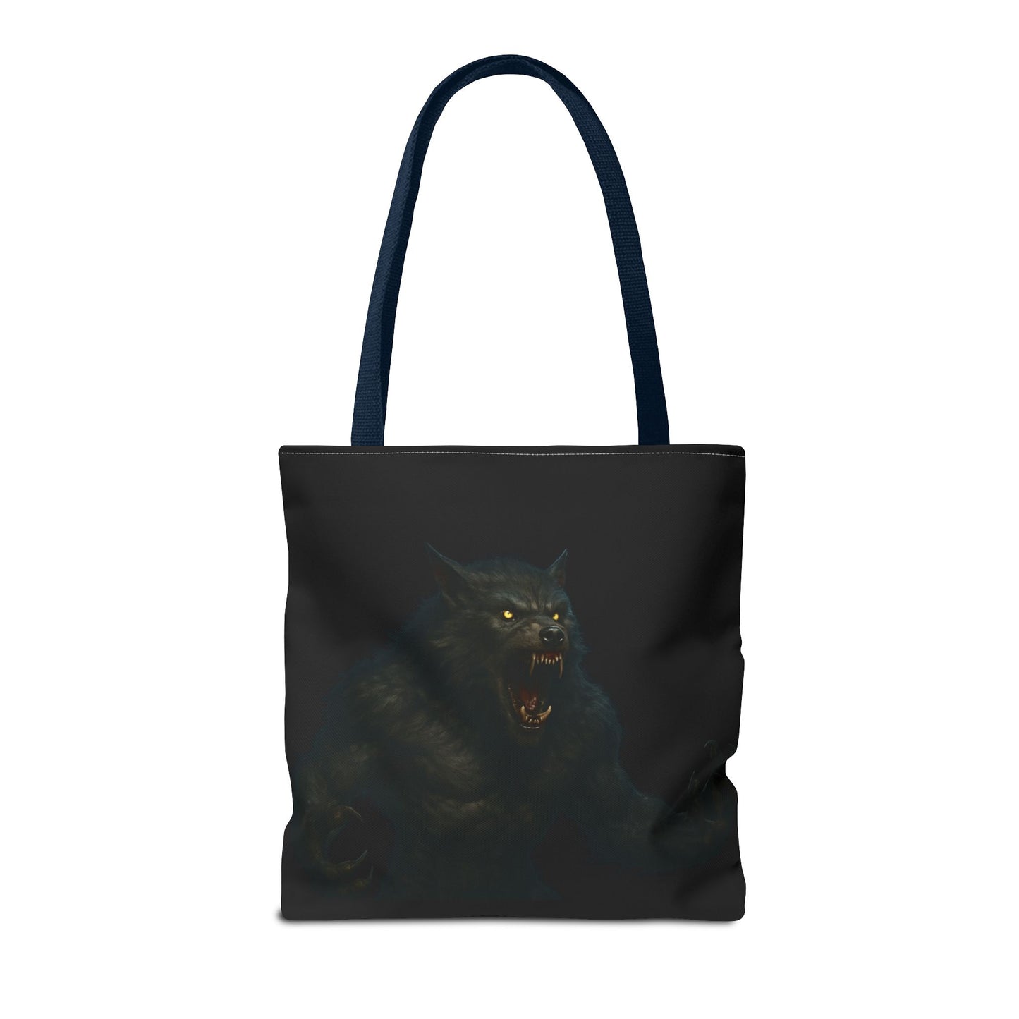 Werewolf tote bag featuring dark Halloween art, perfect for horror fans, made by Printify, with a detailed spooky wolf design.