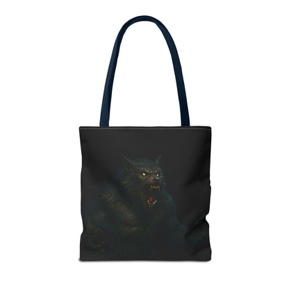 Werewolf tote bag featuring dark Halloween art, perfect for horror fans, made by Printify, with a detailed spooky wolf design.