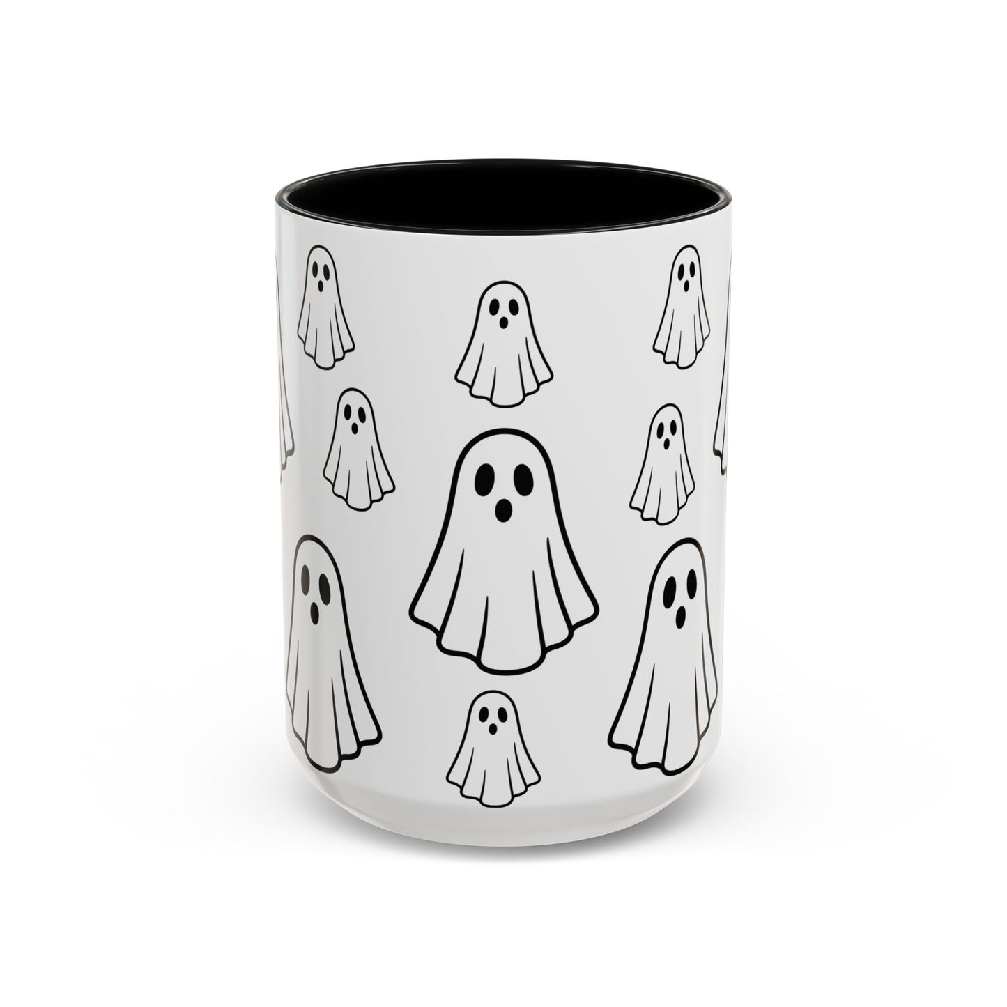 Printify ghost pattern accent coffee mug with cute Halloween design, ceramic 11oz or 15oz size, perfect for festive drinks.