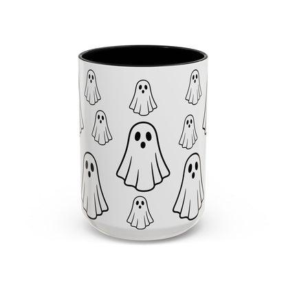 Printify ghost pattern accent coffee mug with cute Halloween design, ceramic 11oz or 15oz size, perfect for festive drinks.