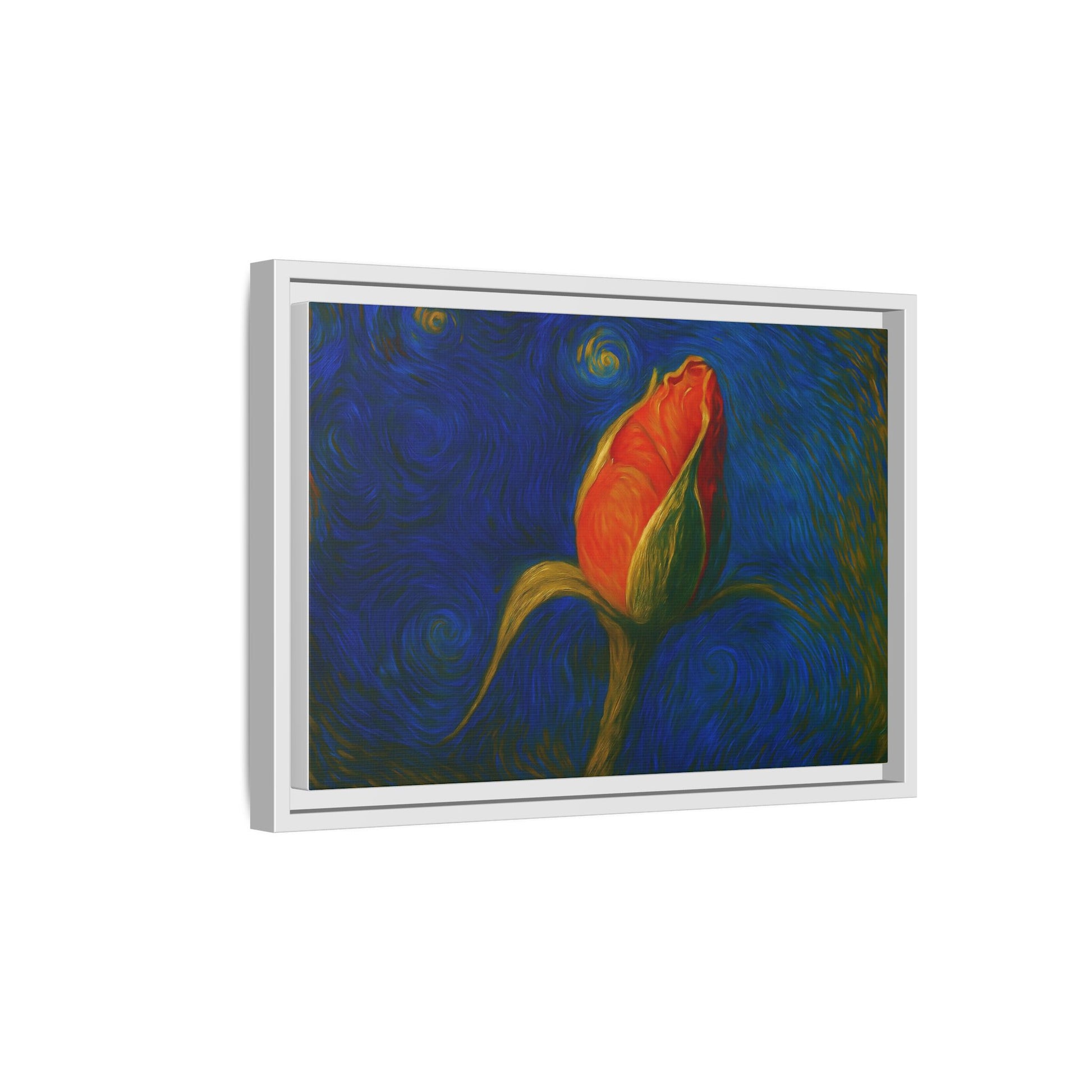Red rose bud painting on framed canvas wall art by Printify, featuring a vibrant matte floral design.