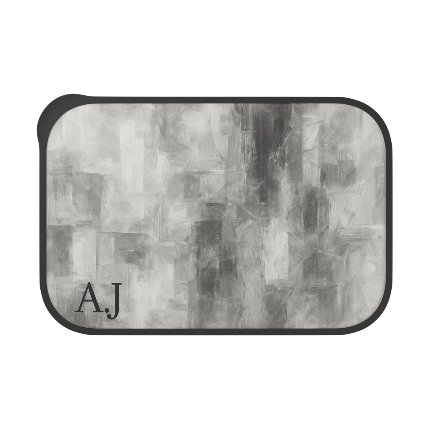 Gray abstract brushstroke bento box with initials, PLA lunchbox accessory by Printify, featuring a modern artistic design.