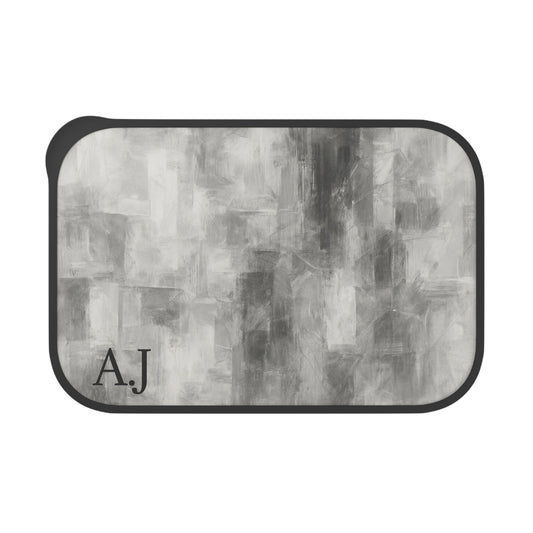 Gray abstract brushstroke bento box with initials, PLA lunchbox accessory by Printify, featuring a modern artistic design.