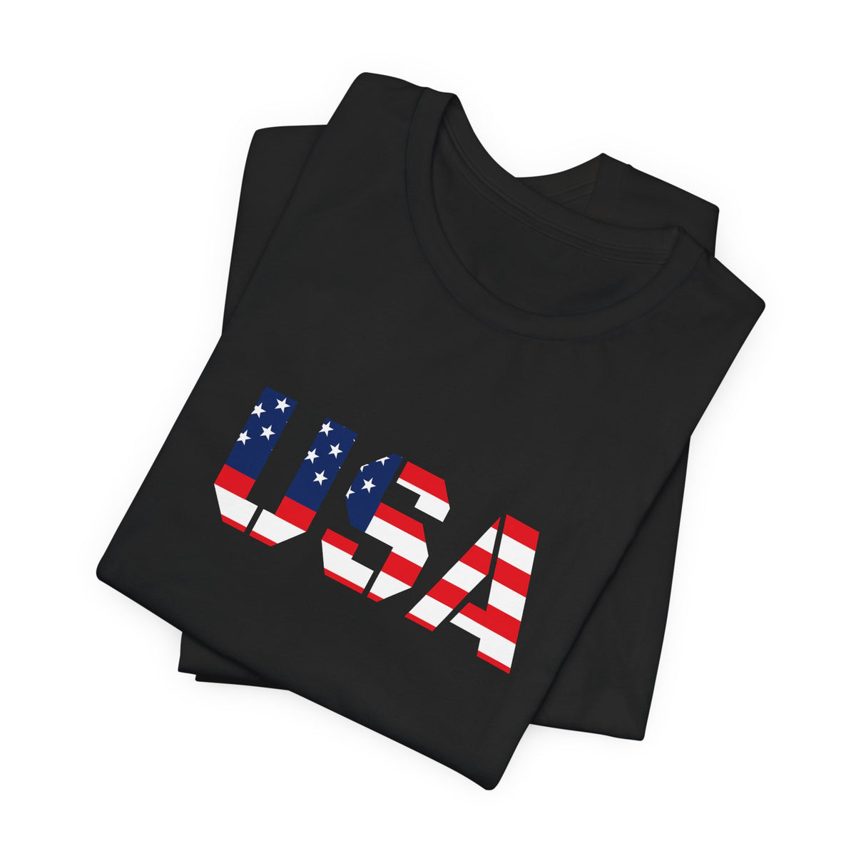 USA flag text patriotic T-shirt by Printify, featuring bold red, white, and blue design for Fourth of July celebrations.