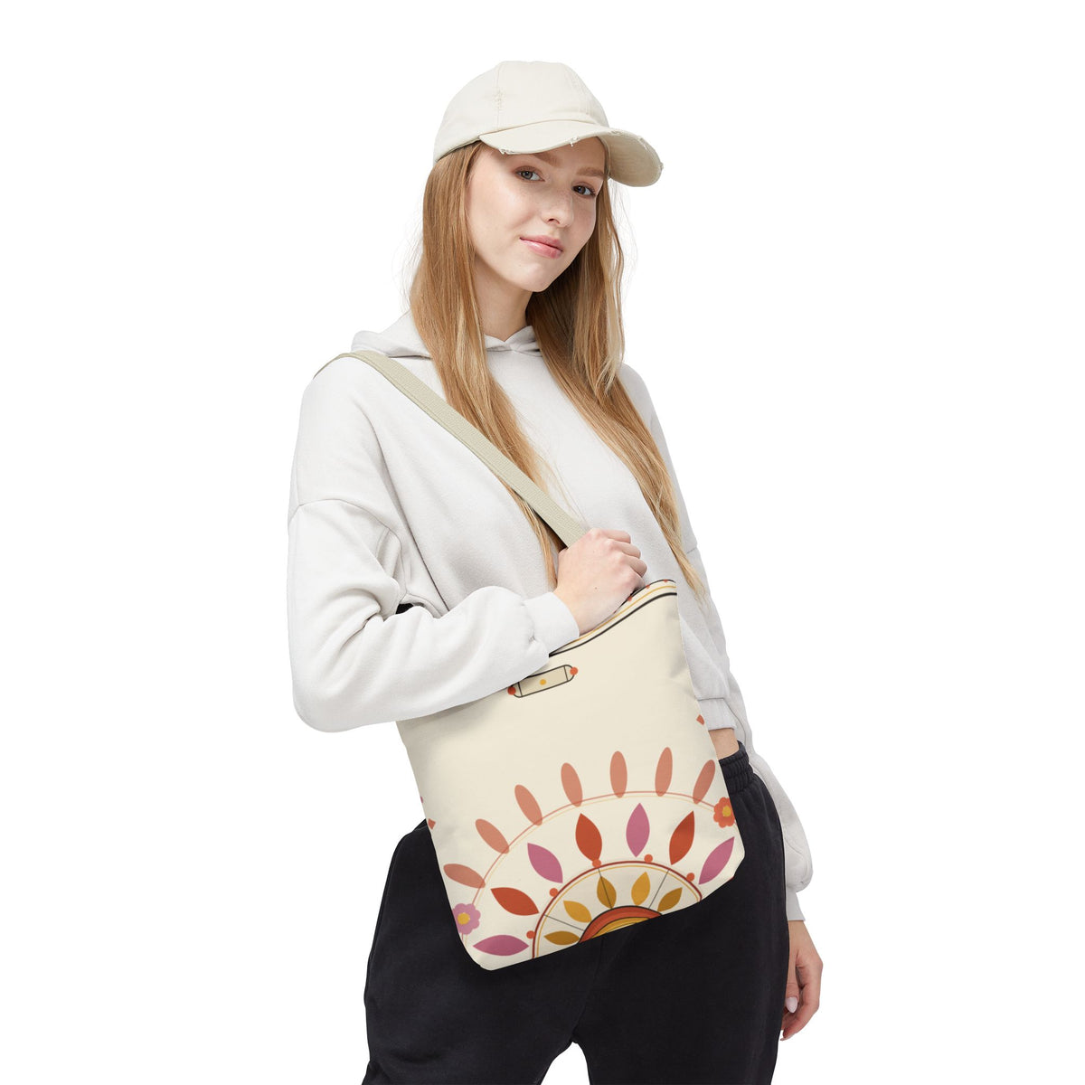 Boho floral mandala tote bag with pastel sunburst pattern, featuring colorful floral and geometric design on durable fabric.