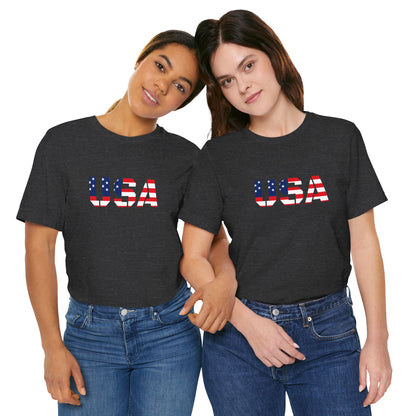 USA flag patriotic T-shirt from Printify featuring bold red, white, and blue design for Fourth of July celebrations.