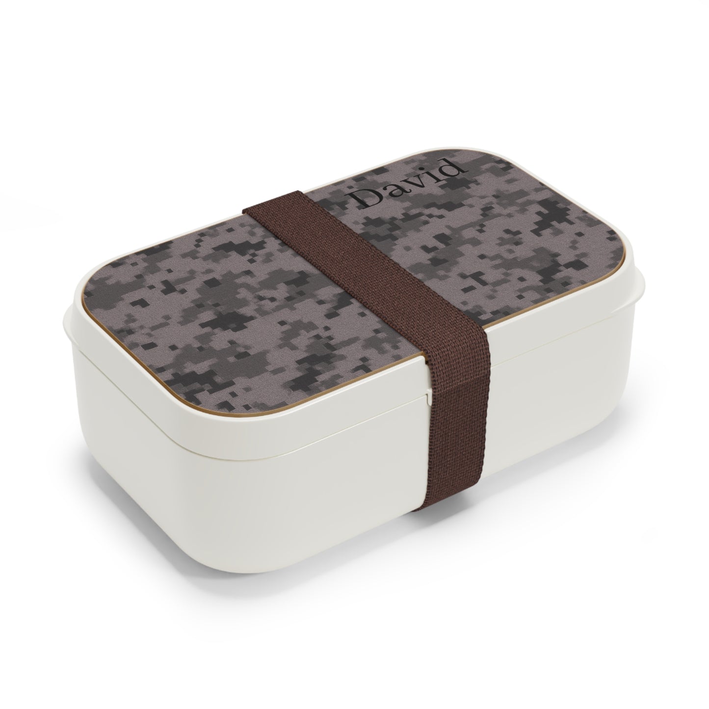 Personalized camouflage bento lunch box with optional name, durable accessories by Printify, featuring a green and brown camouflage pattern.