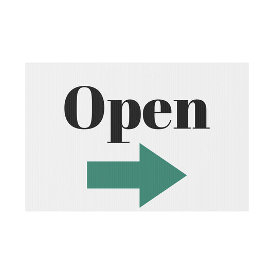 Printify open for business yard flag, outdoor garden signage with bold lettering for storefront display in outdoor settings.