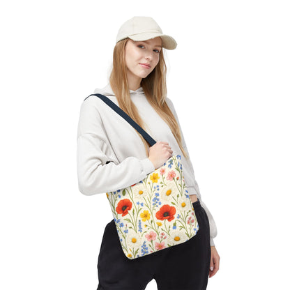 Wildflower Poppy print tote bag by Printify featuring a vibrant floral all-over pattern on durable fabric.
