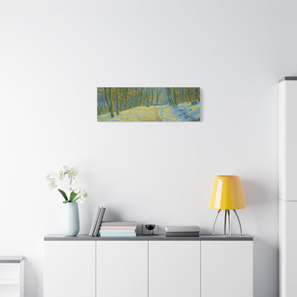 Winter landscape canvas wall art by Printify showing a cozy snow-covered nature scene for living room decor.