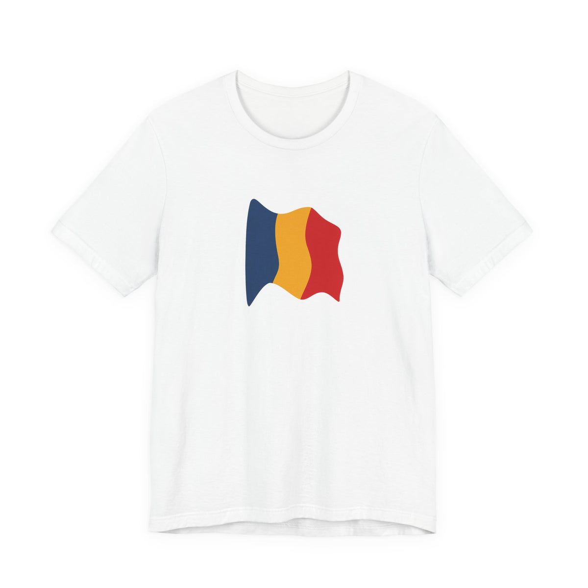 Romania flag T-shirt by Printify featuring a minimal waving tricolor design on a comfortable casual tee.