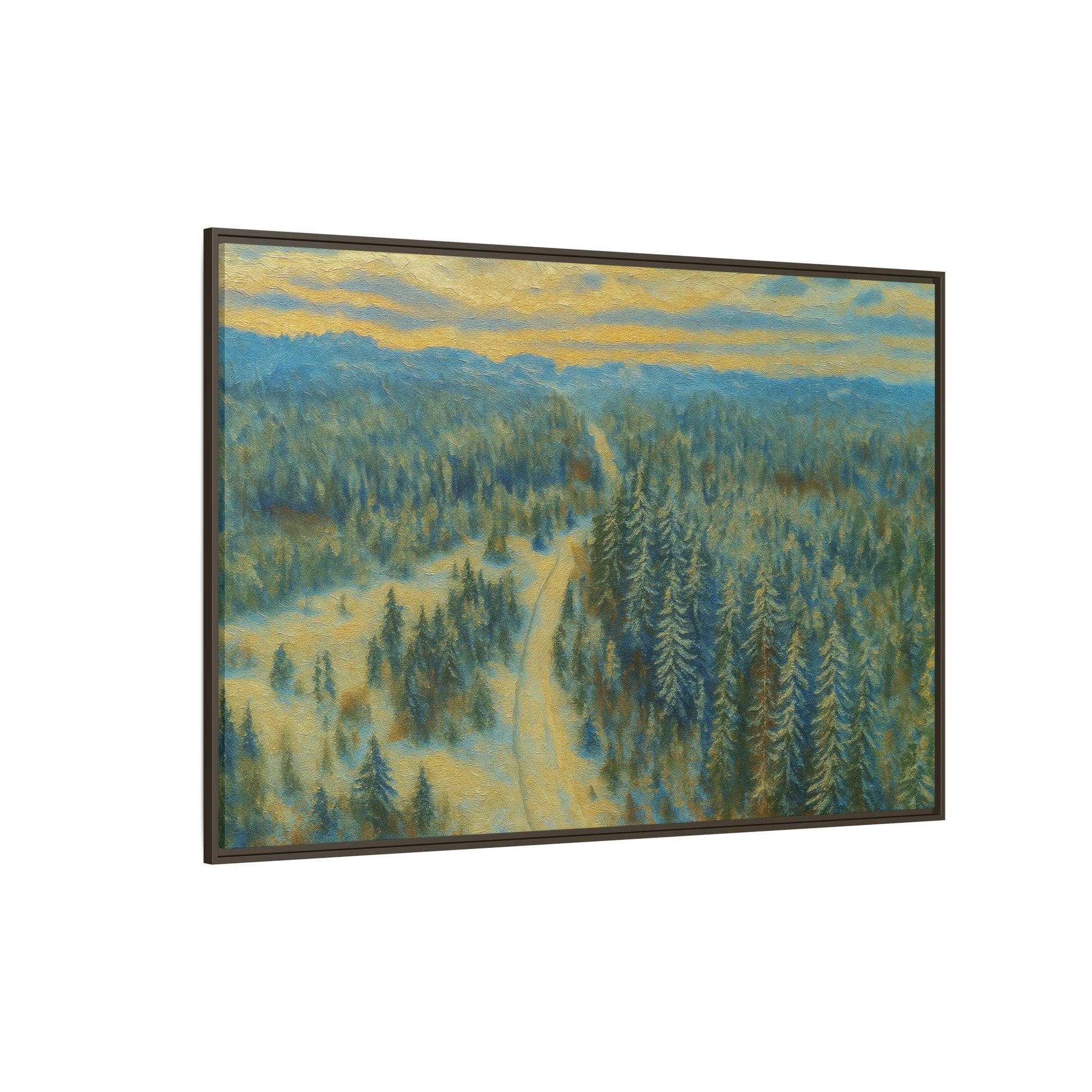 Framed matte canvas print of a serene winter forest landscape by Printify, showcasing snow-covered trees and peaceful woodland scenery.
