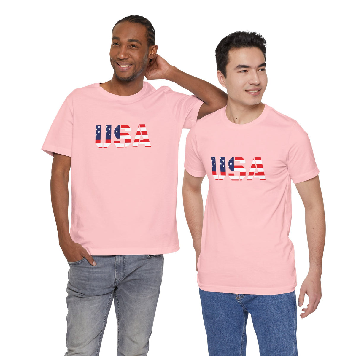 USA flag patriotic T-shirt featuring bold red, white, and blue colors and a stylish text design for Fourth of July celebrations.