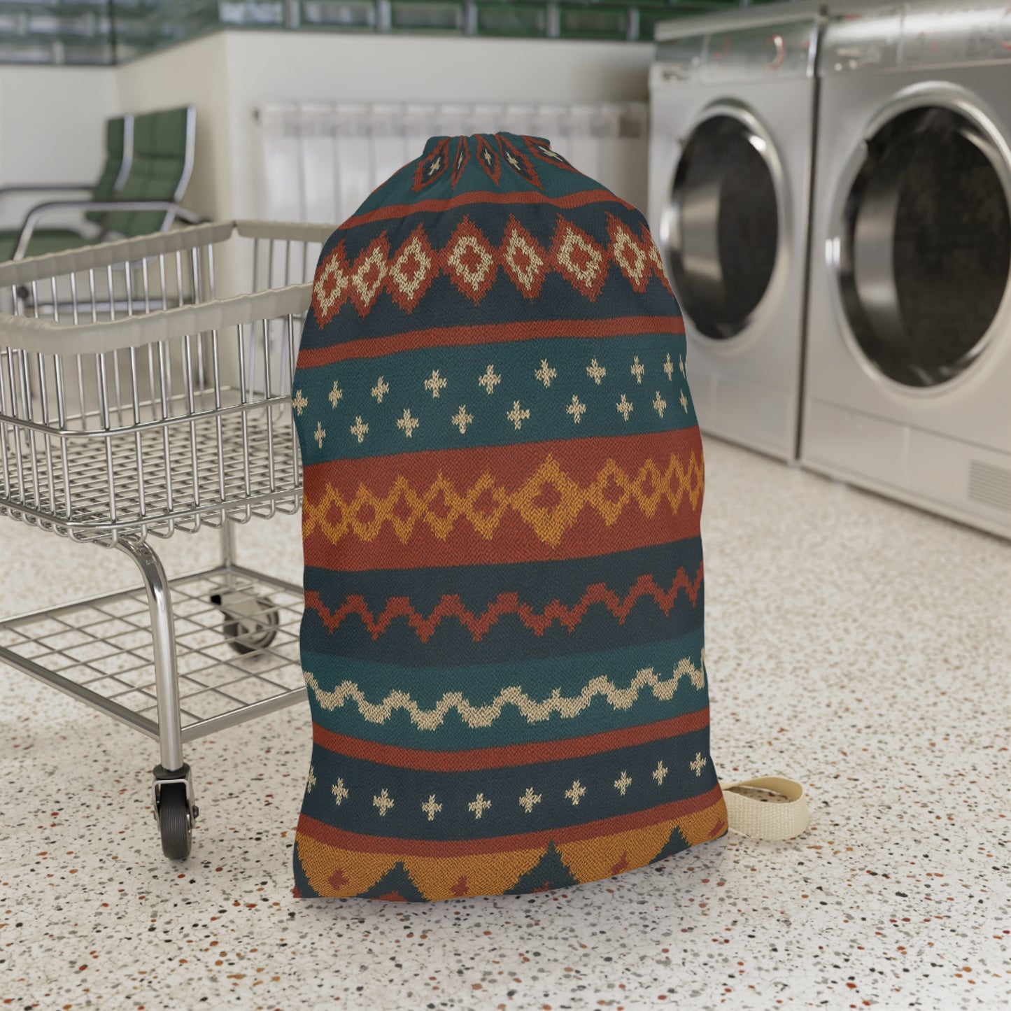 Southwestern Aztec patterned laundry bag with boho geometric design and drawstring closure, made by Printify.
