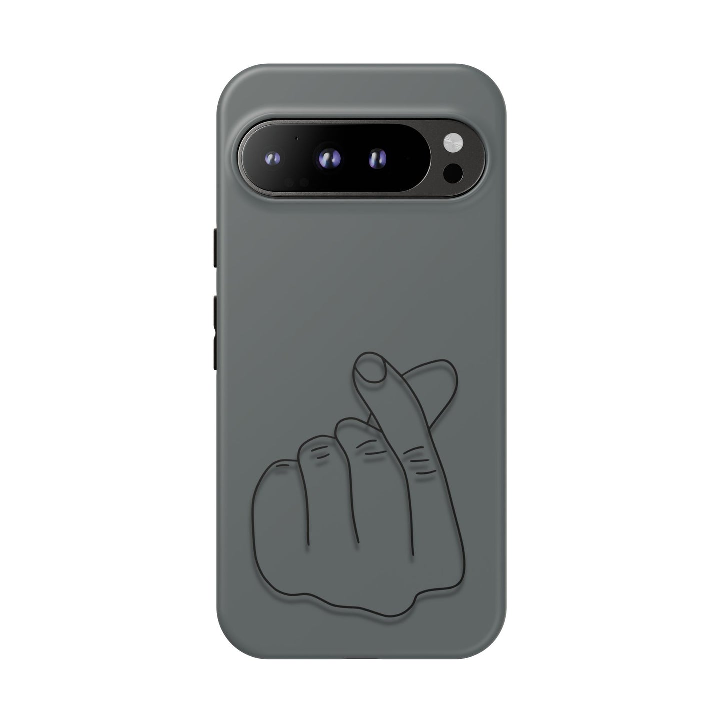 Silicone phone case with embossed Korean finger heart design, compatible with smartphones, by Printify.