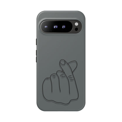 Silicone phone case with embossed Korean finger heart design, compatible with smartphones, by Printify.