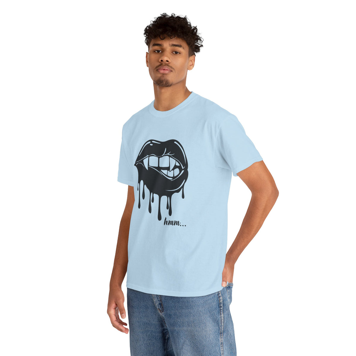 Graphic T-shirt by Printify featuring a dripping lips 'hmm...' bite design in black and white on a casual cotton tee.