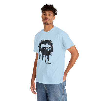 Graphic T-shirt by Printify featuring a dripping lips 'hmm...' bite design in black and white on a casual cotton tee.