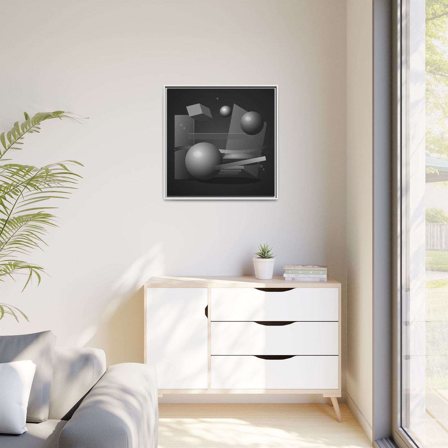 Monochrome Geometric Spheres Canvas Framed Wall Art | Matte Print