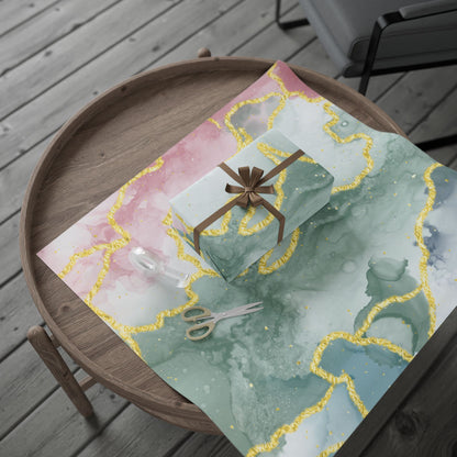 Marble Swirl Wrapping Paper Roll — Pink, Green & Gold Abstract Gift Wrap